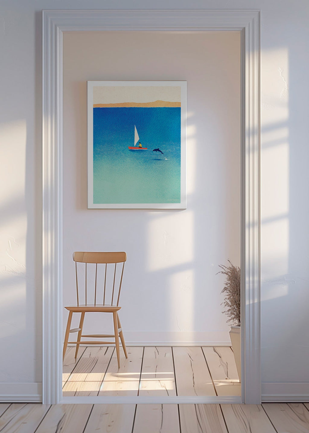 Kunstwerk met dolfijn en zeilboot op blauwe zee – Canvas
