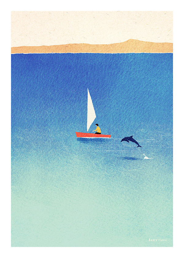 Kunstwerk met dolfijn en zeilboot op blauwe zee