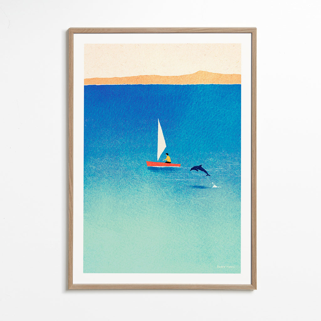 Kunstwerk met dolfijn en zeilboot op blauwe zee – Oak Frame