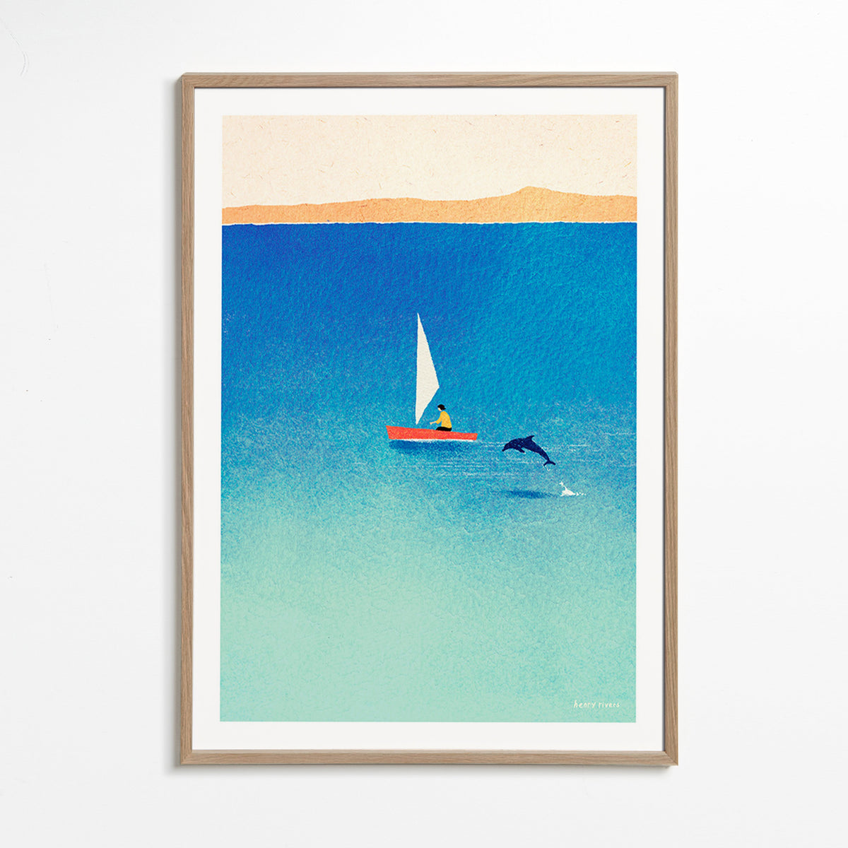 Kunstwerk met dolfijn en zeilboot op blauwe zee – Oak Frame