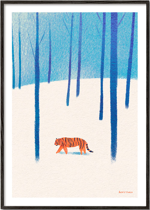 Dierenposter tijger in de sneeuw – Black Frame