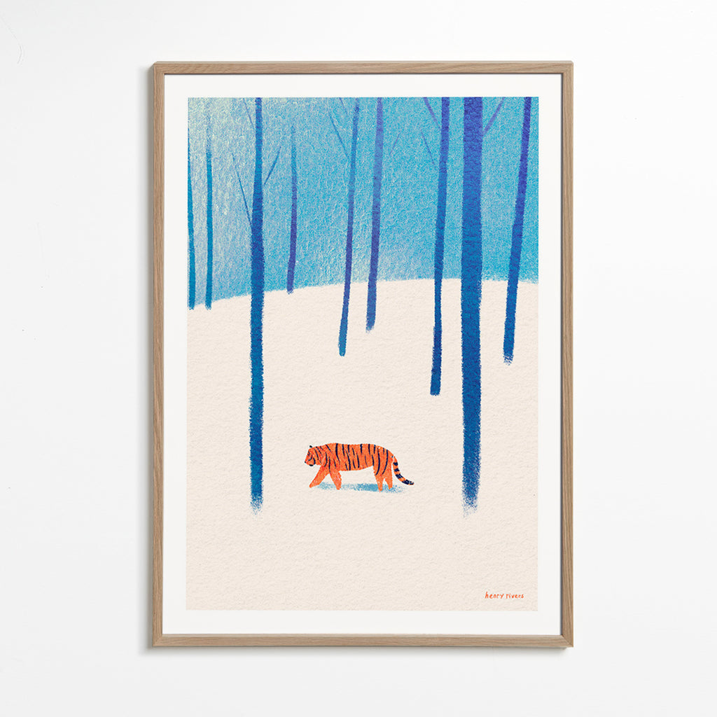 Dierenposter tijger in de sneeuw – Oak Frame