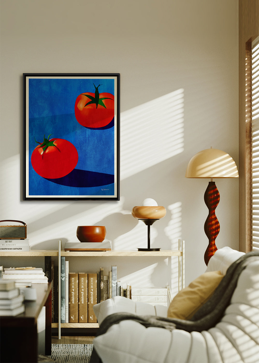 Keuken kunst met tomaten op blauw