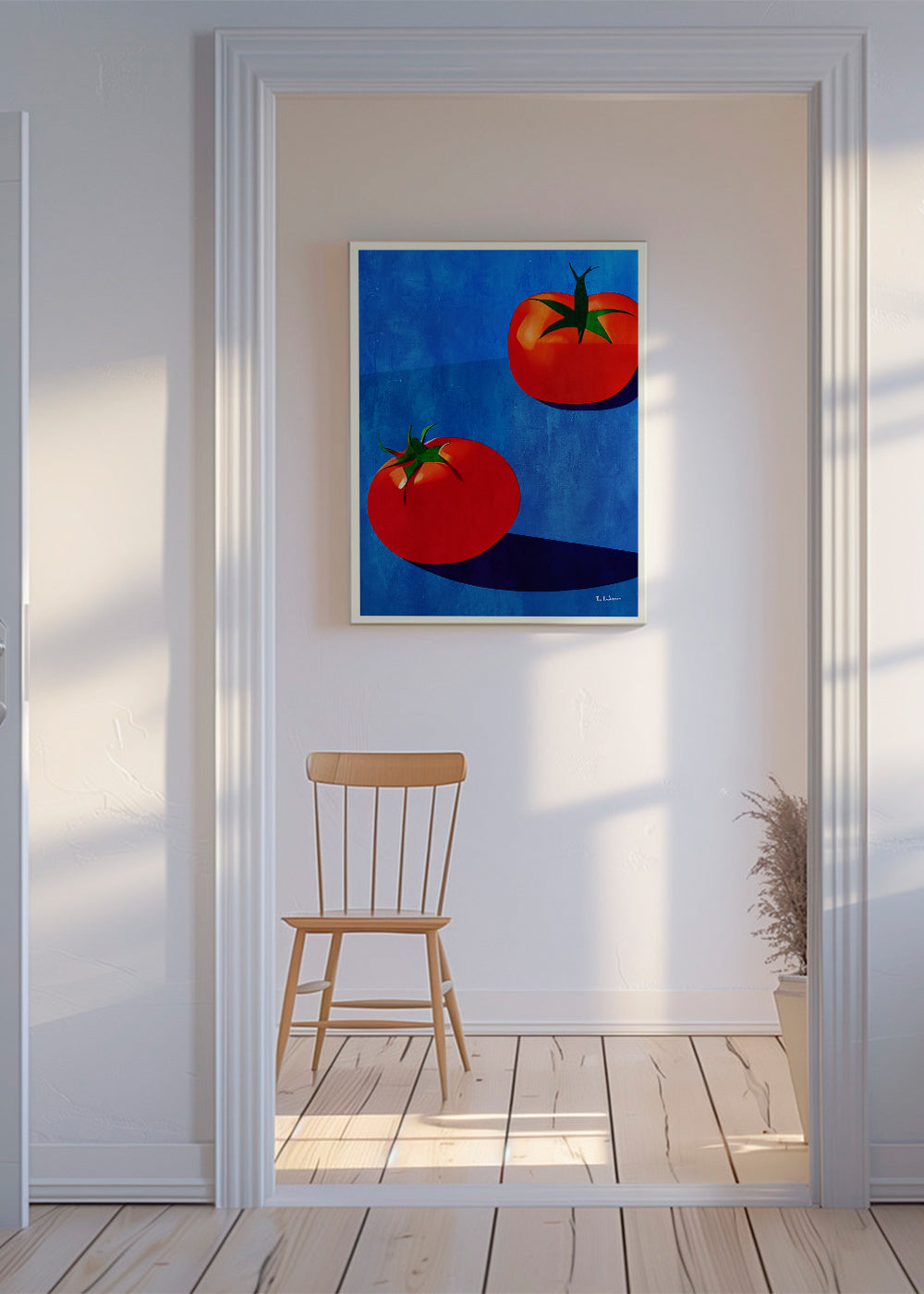 Keuken kunst met tomaten op blauw