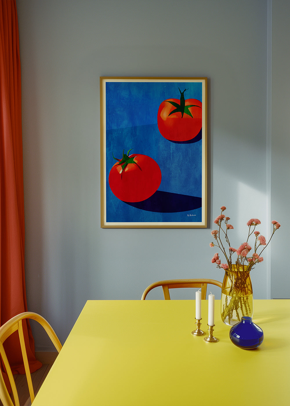 Keuken kunst met tomaten op blauw