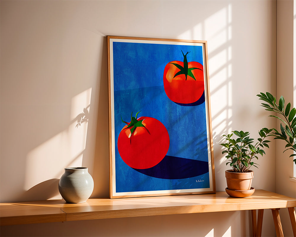 Keuken kunst met tomaten op blauw