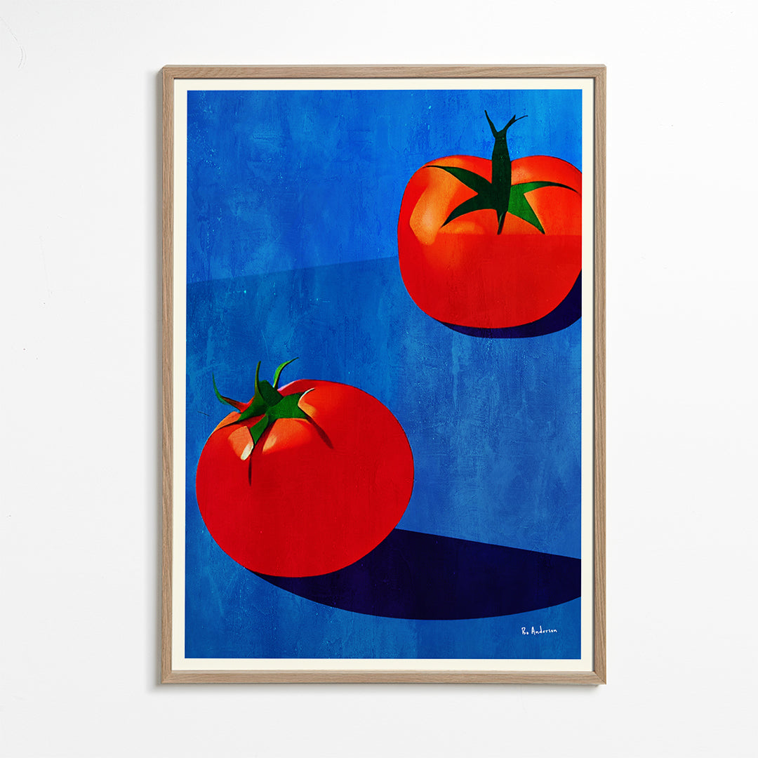 Keuken kunst met tomaten op blauw