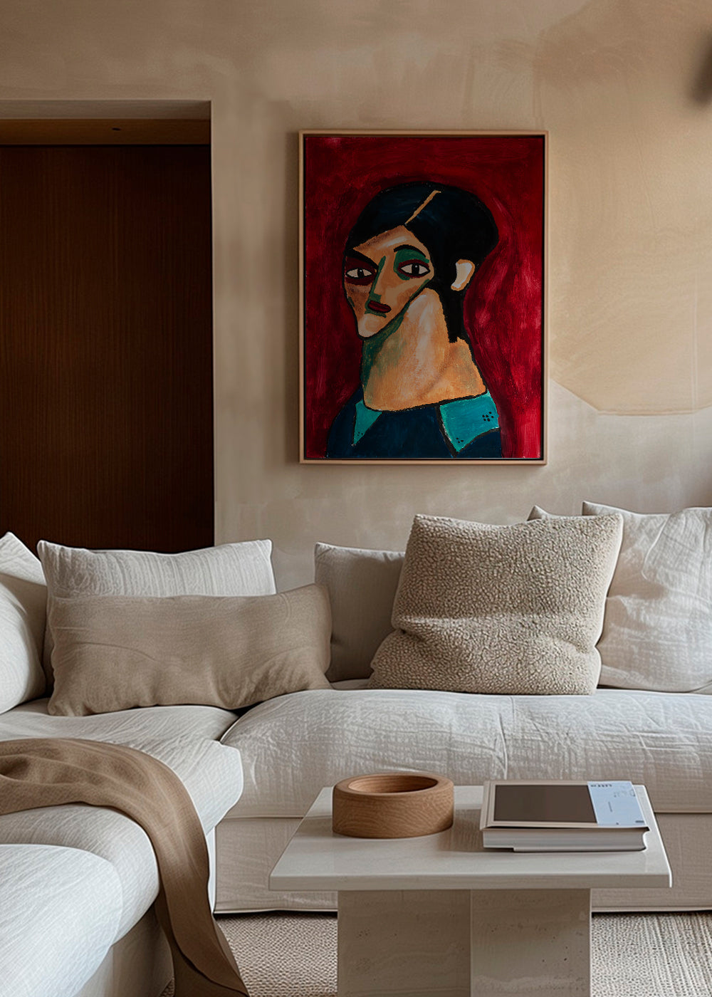 Abstracte kunst: gestileerd portret op dieprood