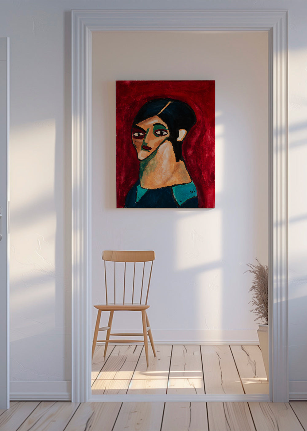 Abstracte kunst: gestileerd portret op dieprood