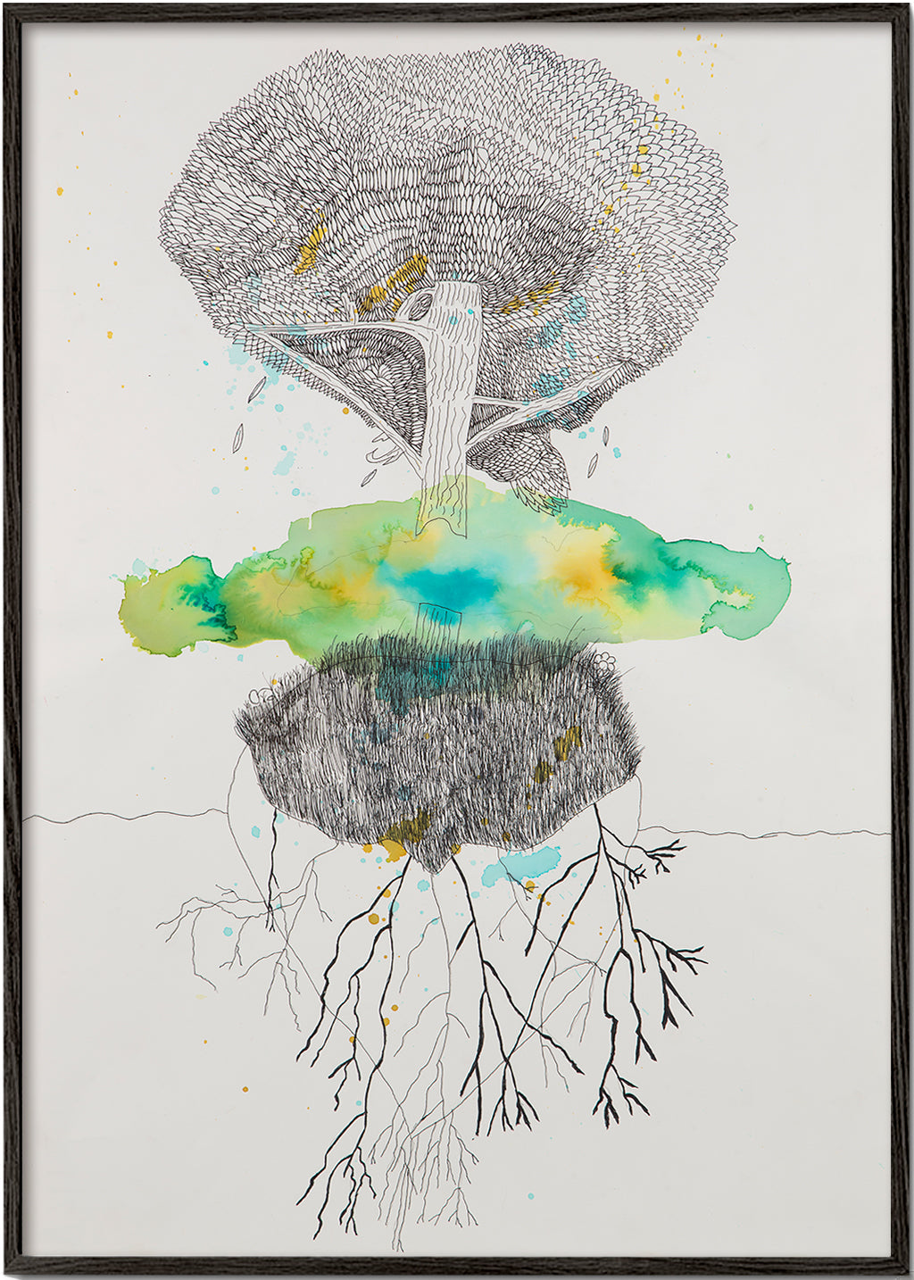Botanische print boom en wortels in inkt en aquarel – Black Frame