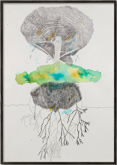 Botanische print boom en wortels in inkt en aquarel – Black Frame