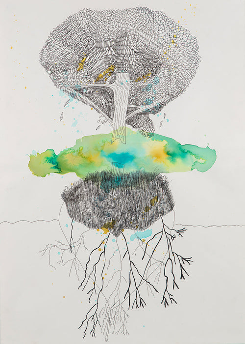 Botanische print boom en wortels in inkt en aquarel
