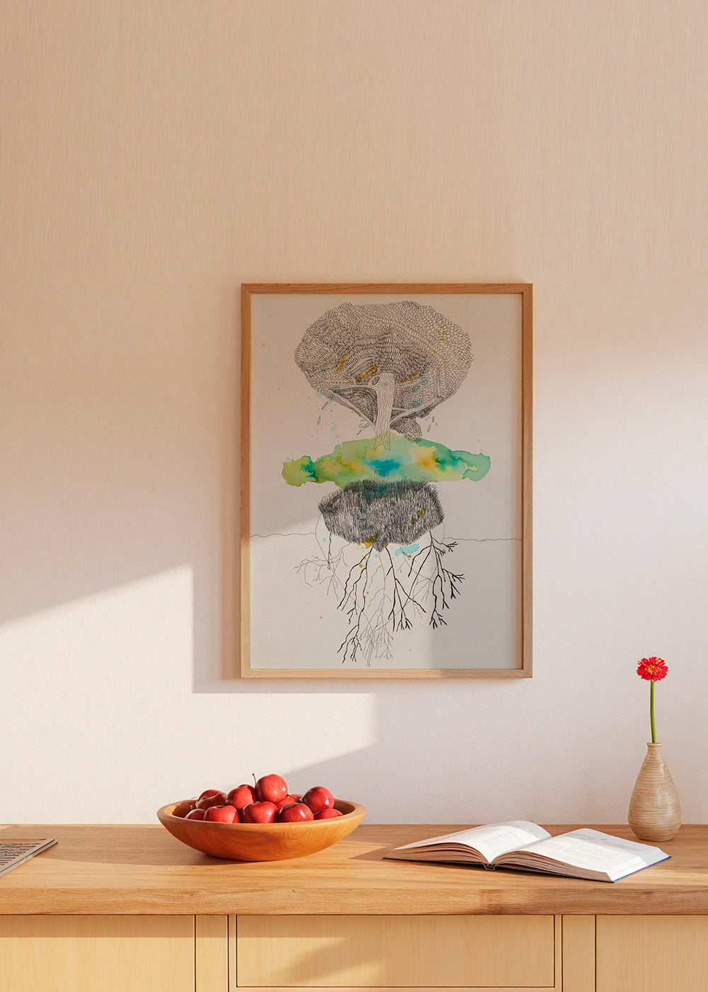 Botanische print boom en wortels in inkt en aquarel – Product1