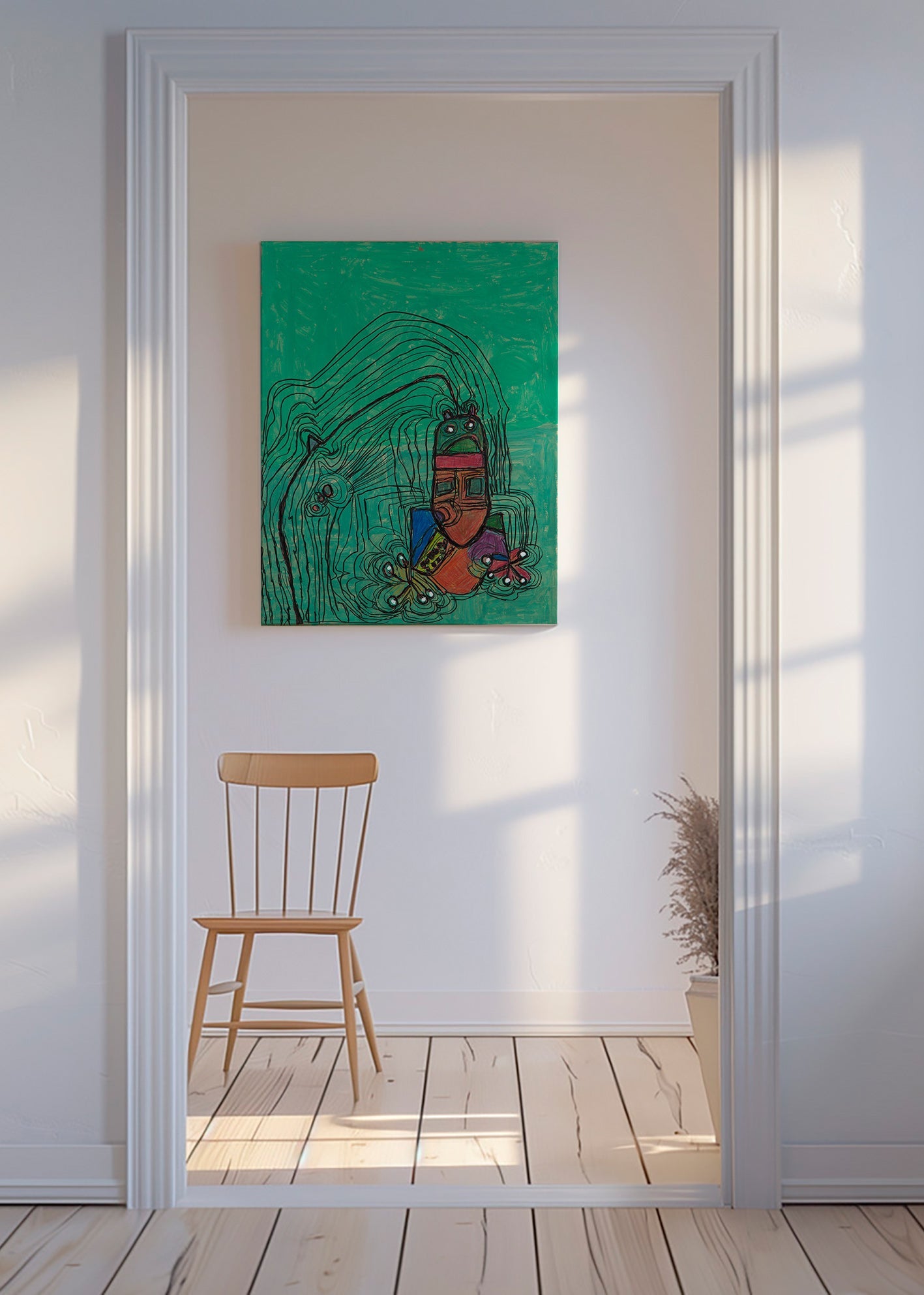 Speelse illustratie met figuur op groene achtergrond – Canvas