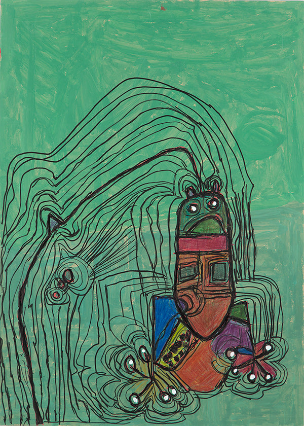Speelse illustratie met figuur op groene achtergrond