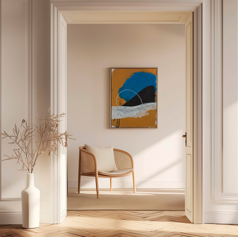 Abstracte afbeelding boog kust in oker en blauw – Canvas1