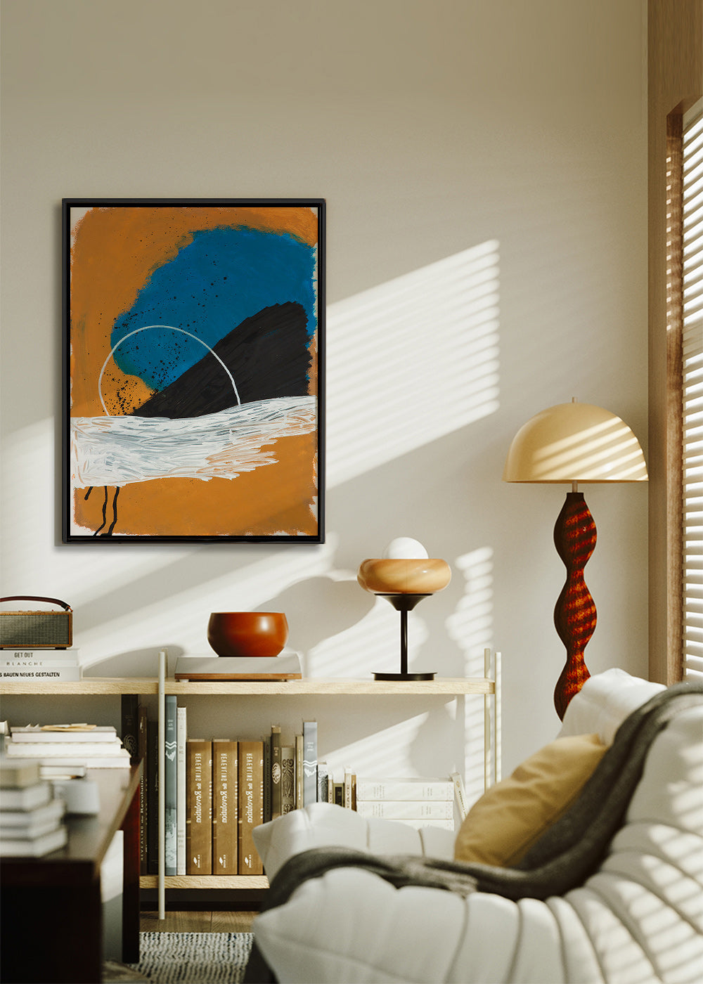 Abstracte afbeelding boog kust in oker en blauw – Canvas2