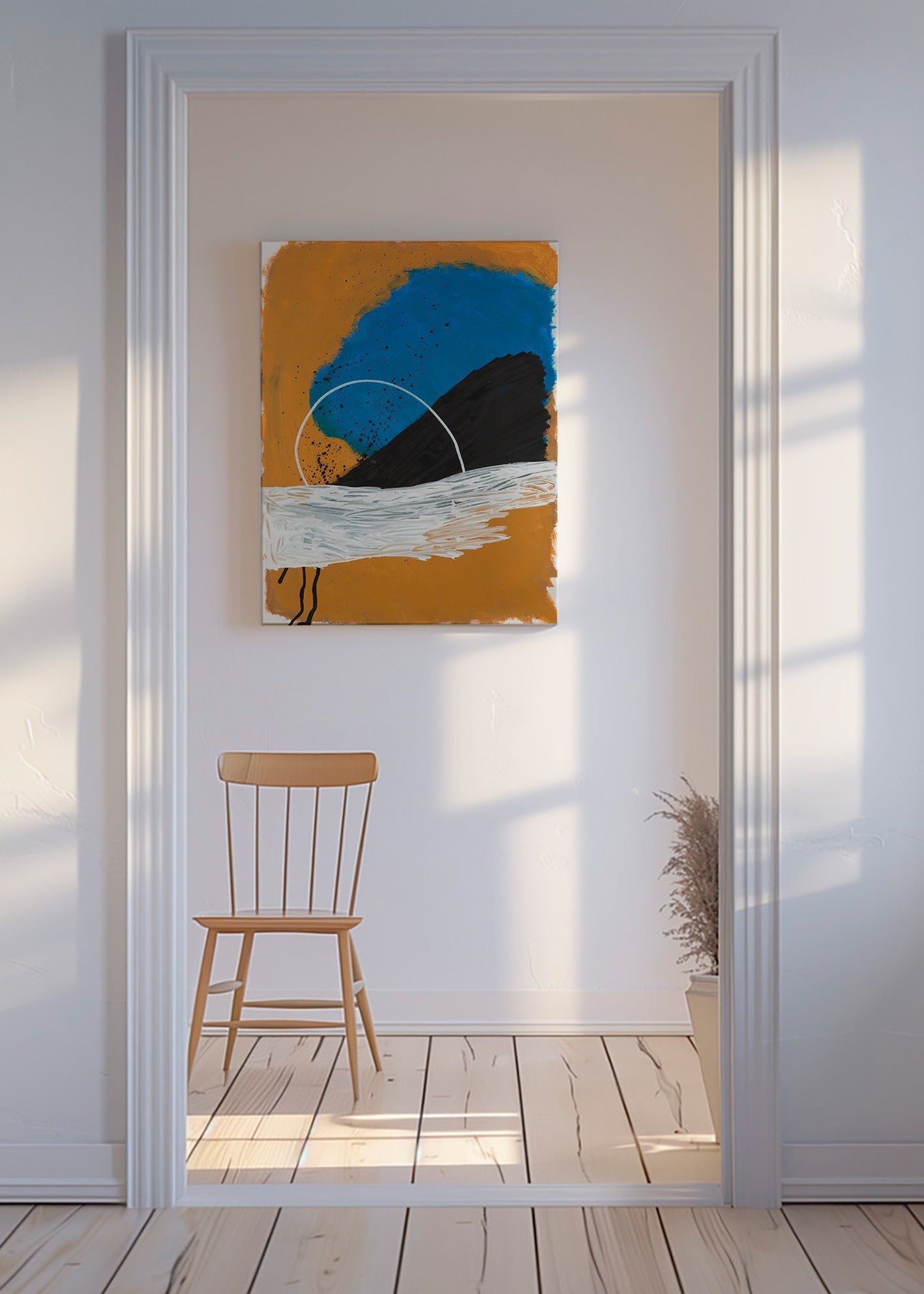 Abstracte afbeelding boog kust in oker en blauw – Canvas