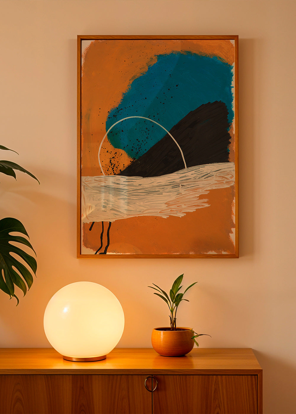 Abstracte afbeelding boog kust in oker en blauw – Product1