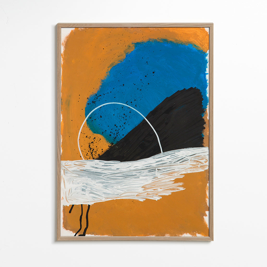 Abstracte afbeelding boog kust in oker en blauw – Oak Frame