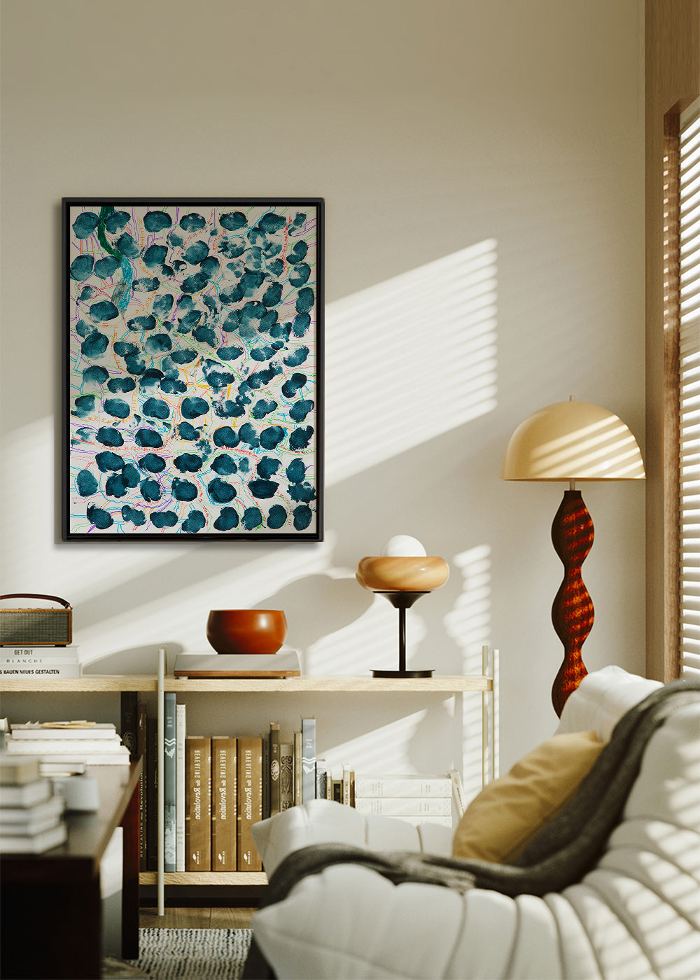 Abstract kunstwerk met donkerblauwe vlekken – Canvas1