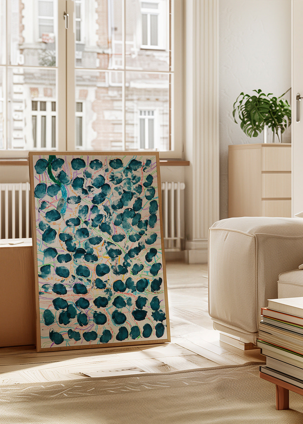 Abstract kunstwerk met donkerblauwe vlekken – Product1