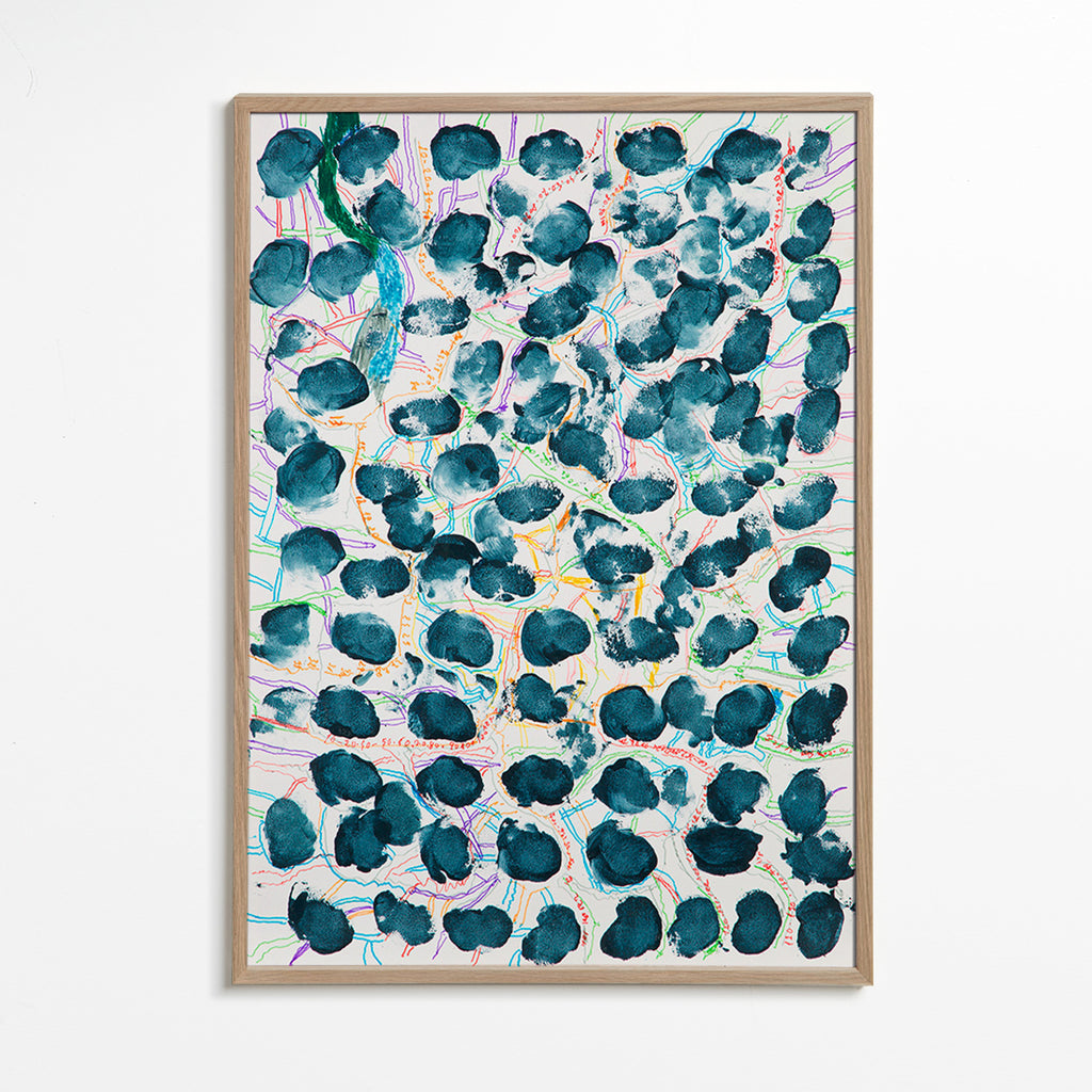 Abstract kunstwerk met donkerblauwe vlekken – Oak Frame