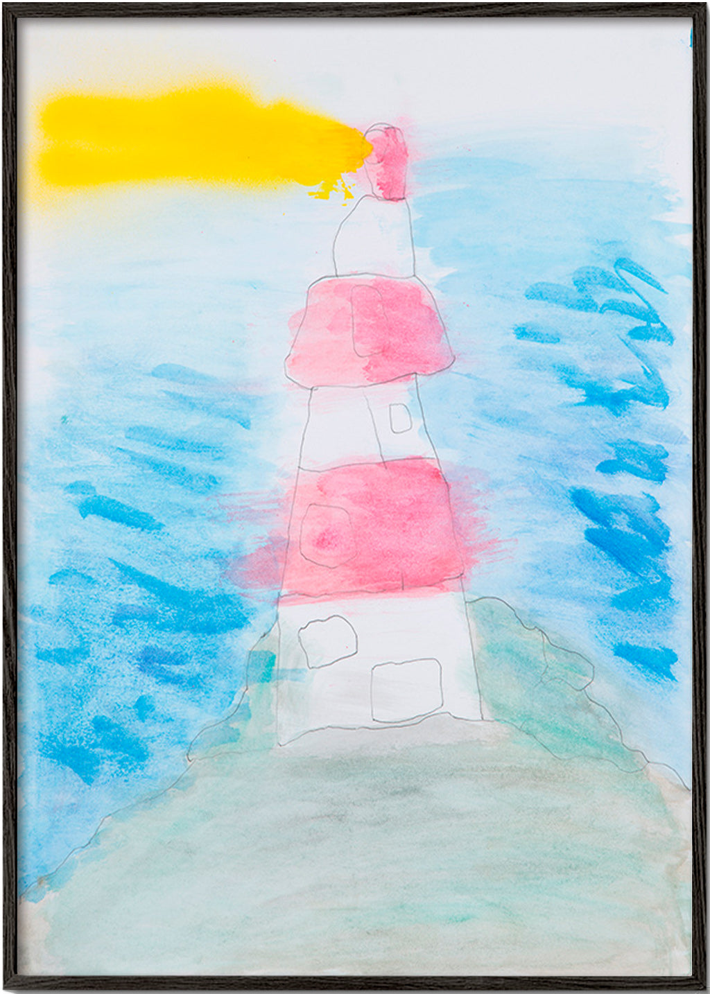 Landschapskunst: vuurtoren aquarel schets – Black Frame