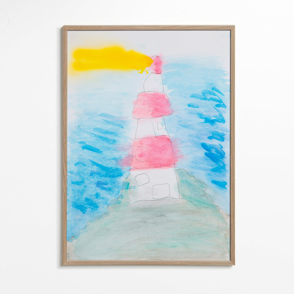 Landschapskunst: vuurtoren aquarel schets – Oak Frame
