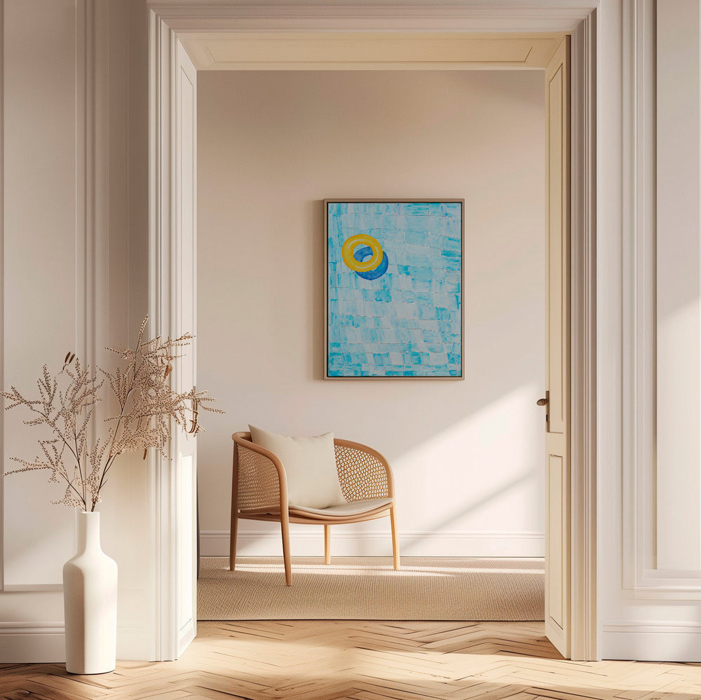 Minimalistisch kunstwerk met gele zwemring – Canvas1
