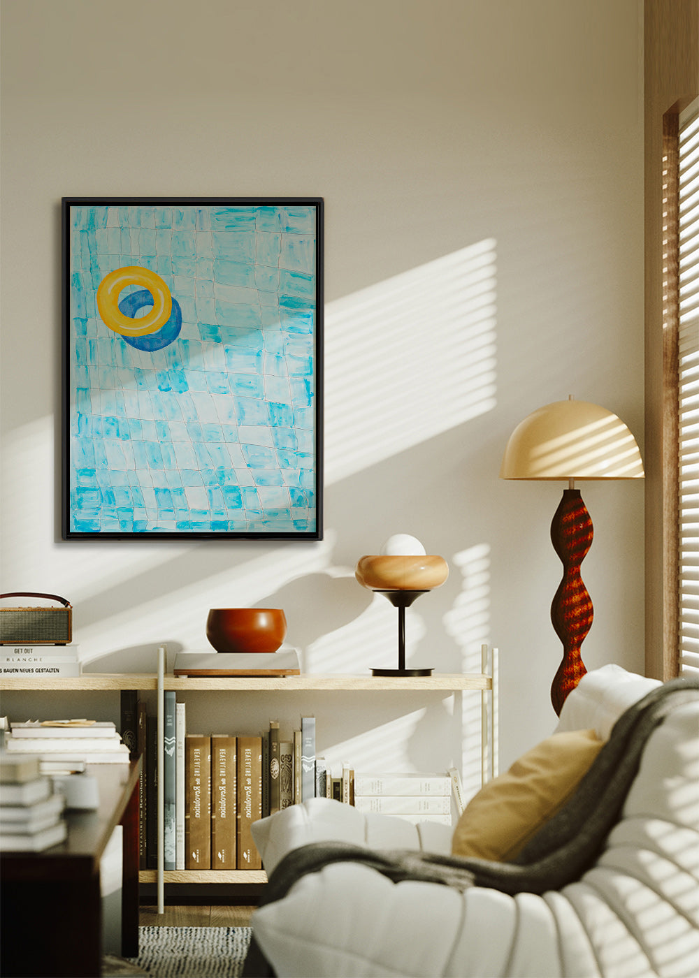 Minimalistisch kunstwerk met gele zwemring – Canvas2