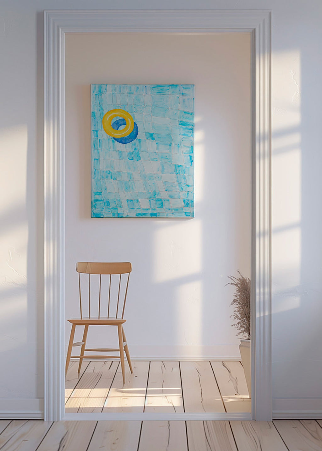 Minimalistisch kunstwerk met gele zwemring – Canvas