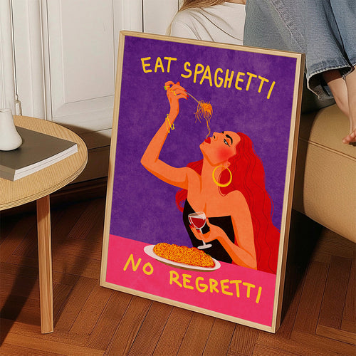 Keuken kunst pop-illustratie: vrouw eet spaghetti