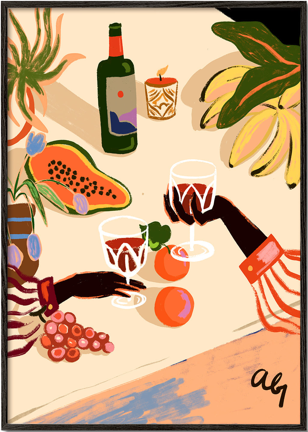 Keuken kunst: geïllustreerde stilleven met wijn en fruit