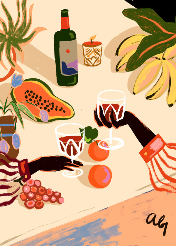 Keuken kunst: geïllustreerde stilleven met wijn en fruit