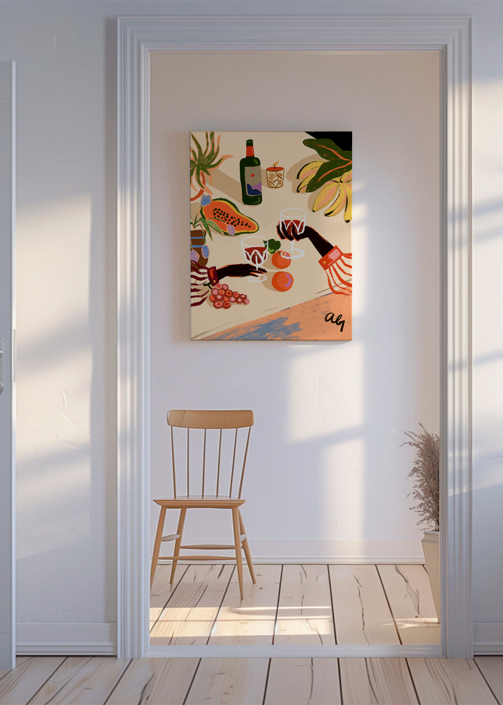 Keuken kunst: geïllustreerde stilleven met wijn en fruit