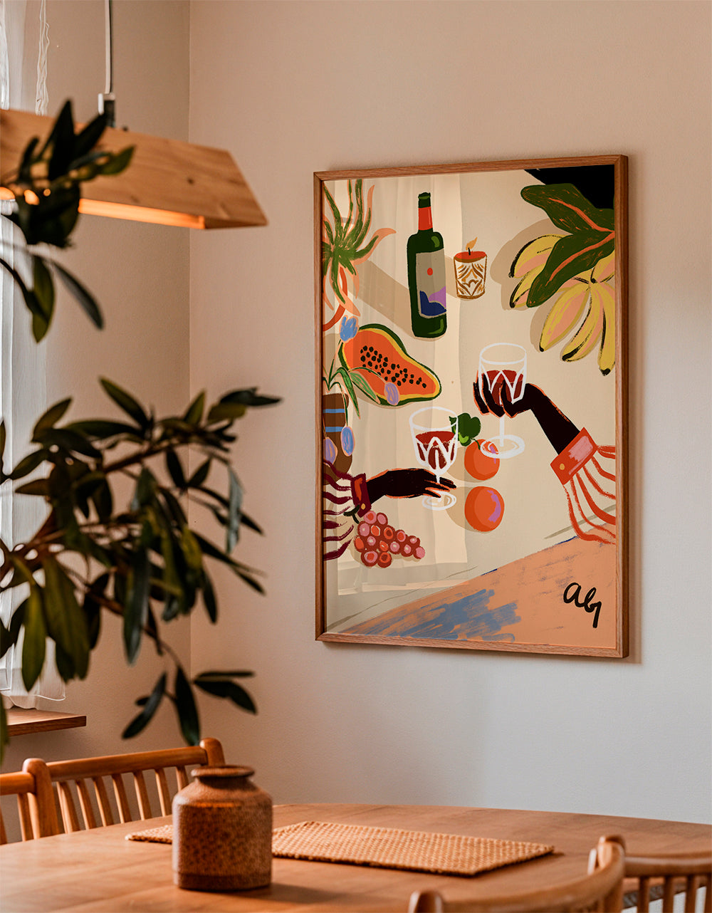 Keuken kunst: geïllustreerde stilleven met wijn en fruit
