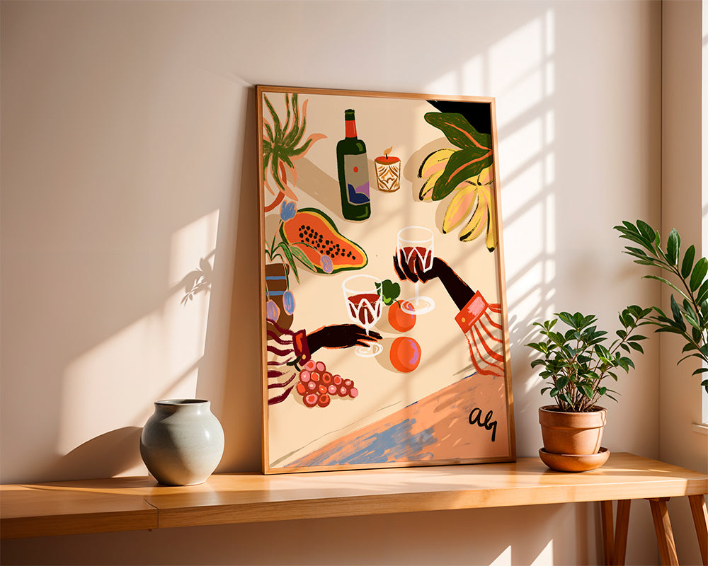 Keuken kunst: geïllustreerde stilleven met wijn en fruit