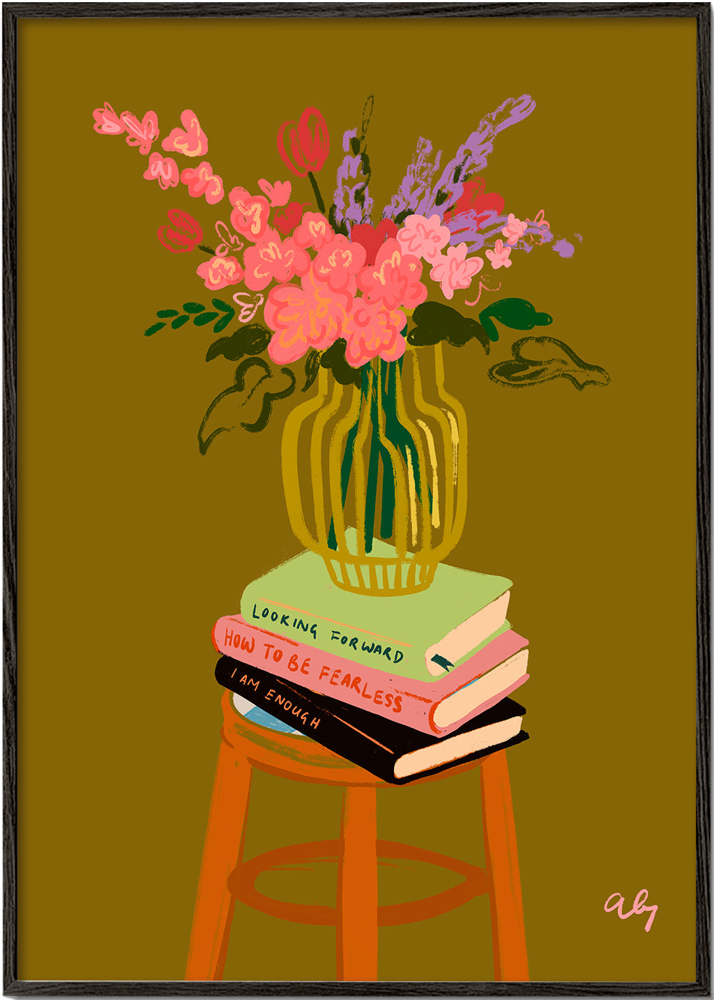 Botanische poster: vaas met bloemen op boeken