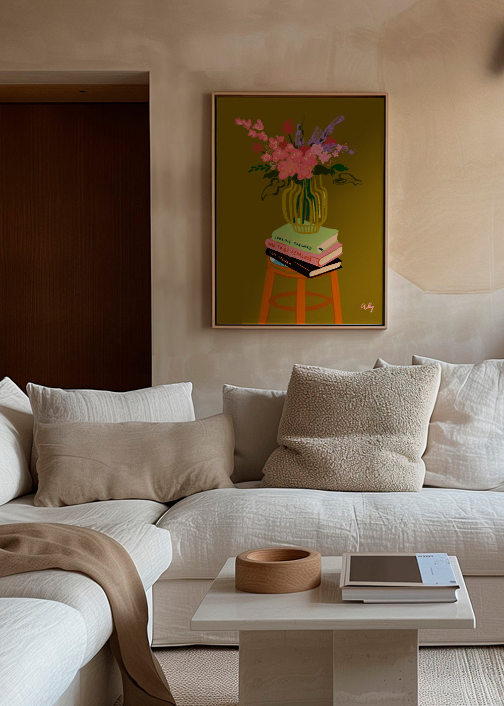 Botanische poster: vaas met bloemen op boeken