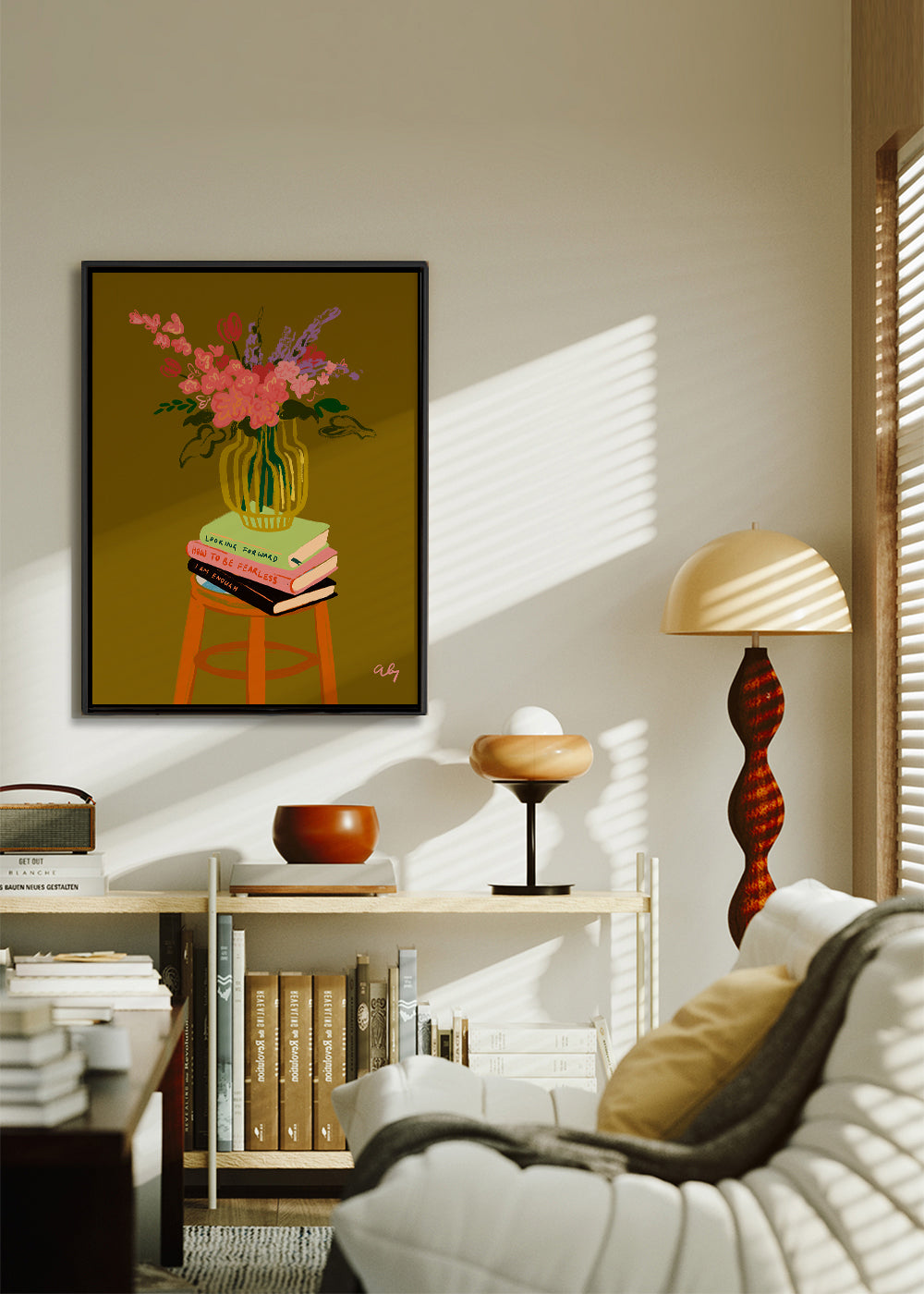 Botanische poster: vaas met bloemen op boeken