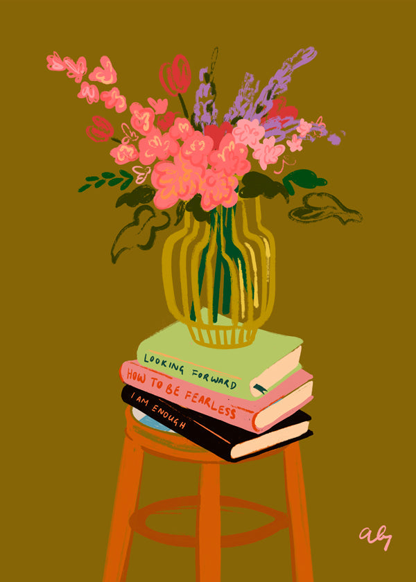 Botanische poster: vaas met bloemen op boeken