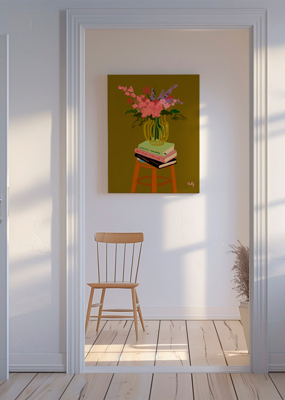 Botanische poster: vaas met bloemen op boeken
