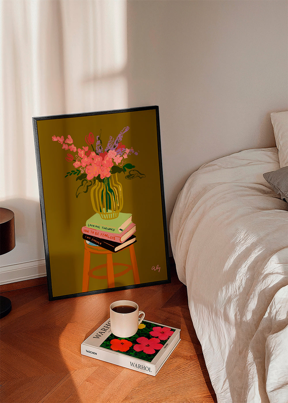 Botanische poster: vaas met bloemen op boeken
