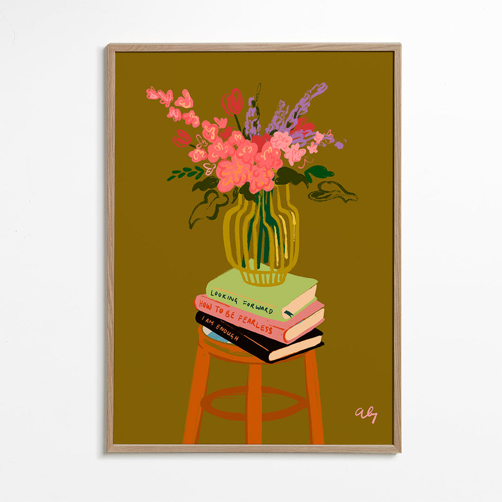 Botanische poster: vaas met bloemen op boeken
