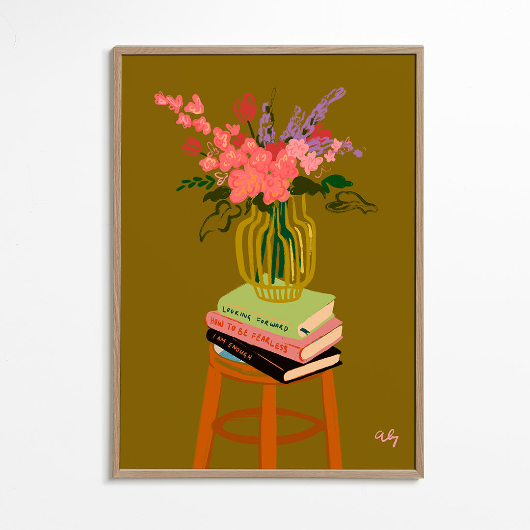 Botanische poster: vaas met bloemen op boeken