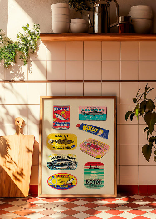 Keuken kunst met geïllustreerde conservenetiketten