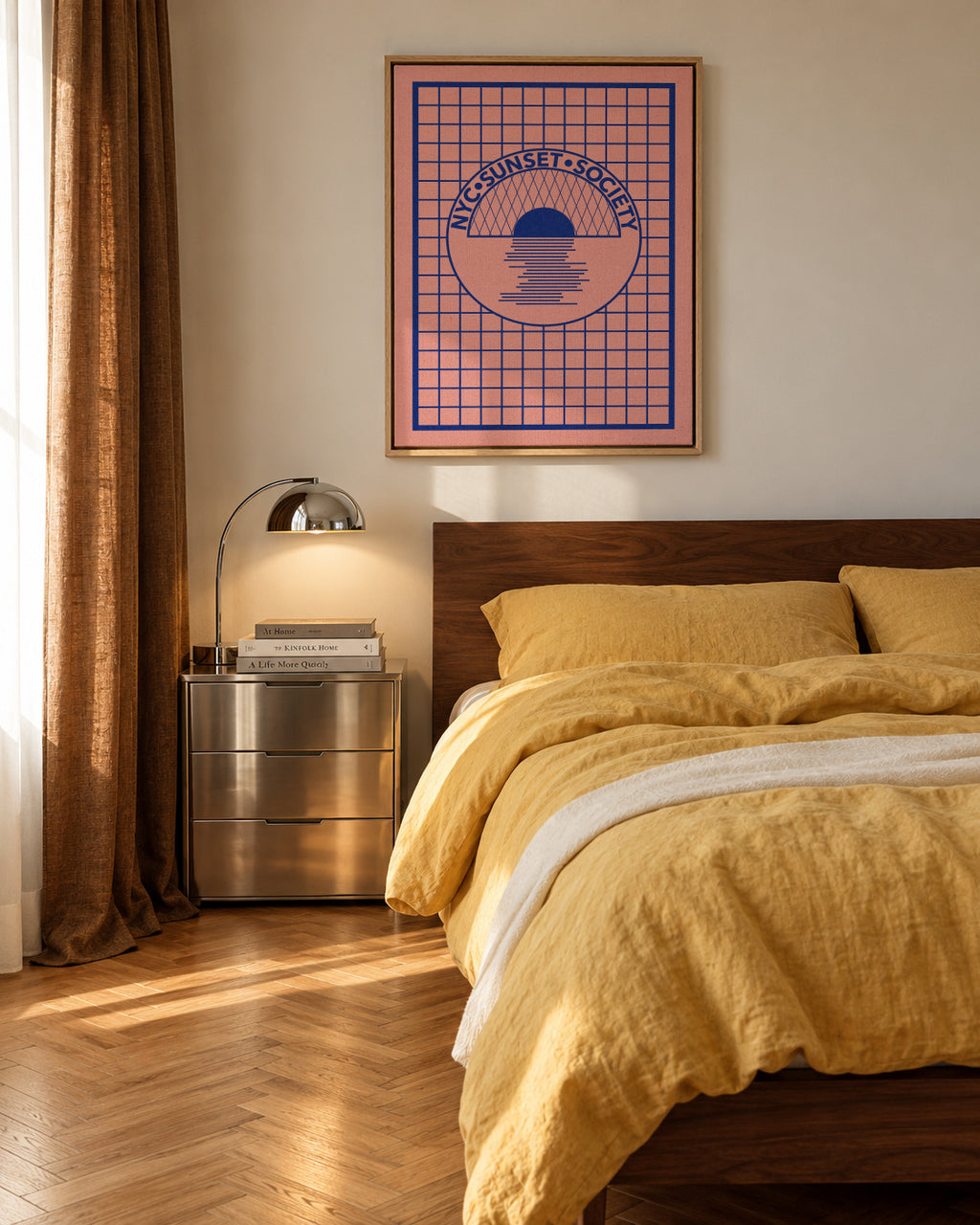 Nyc Sunset Society Blue - Framed canvas in an interior
