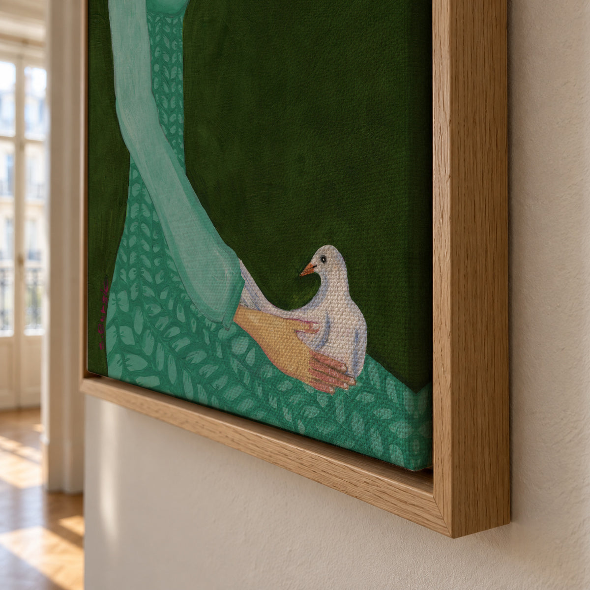Lady sitting with white dove bird woman - Framed canvas detail