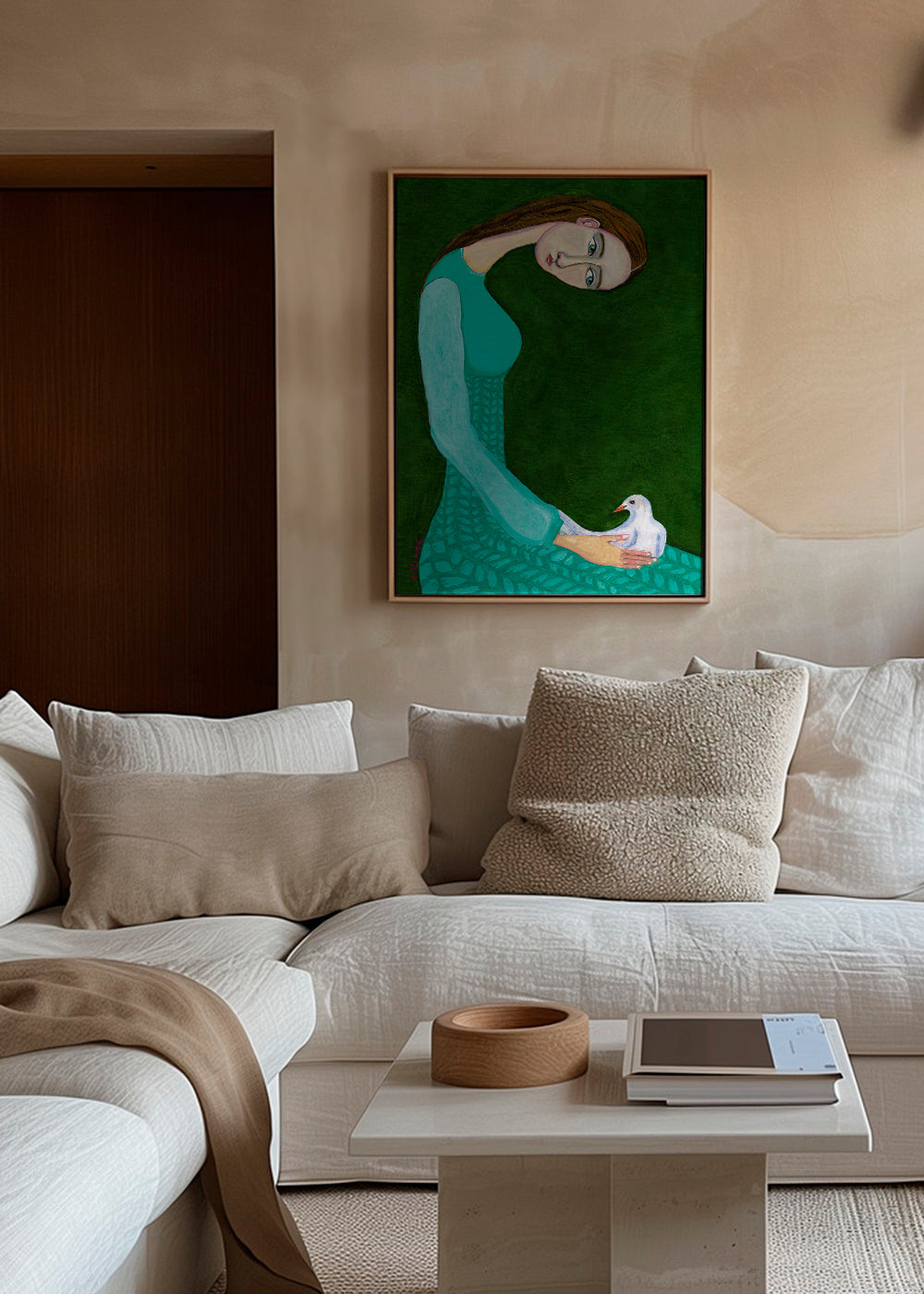 Vrouwelijke illustratie met duif op groen